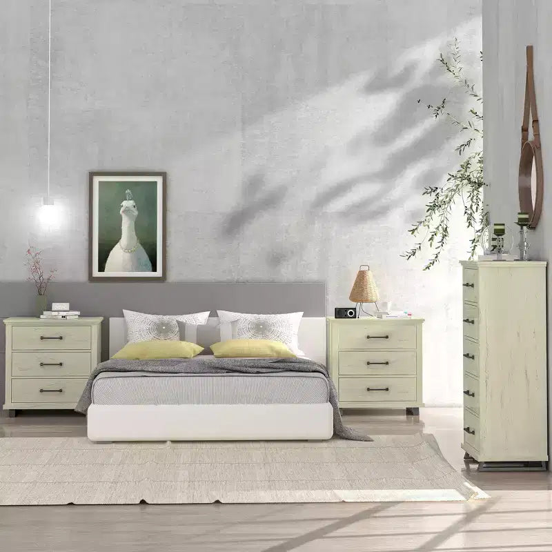 Festivo ensemble contemporain 3 pcs chiffonnier 5 tiroirs 24" et table de chevet 3 tiroirs blanc cassé scié : MDF, pieds métalliques, anti-basculement