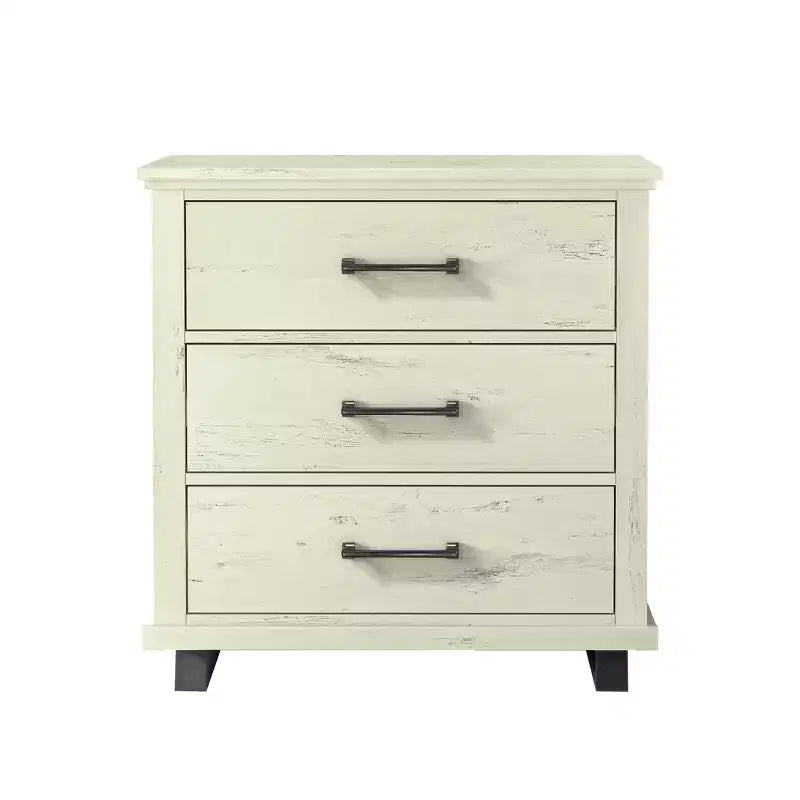 Festivo ensemble contemporain 3 pcs chiffonnier 5 tiroirs 24" et table de chevet 3 tiroirs blanc cassé scié : MDF, pieds métalliques, anti-basculement