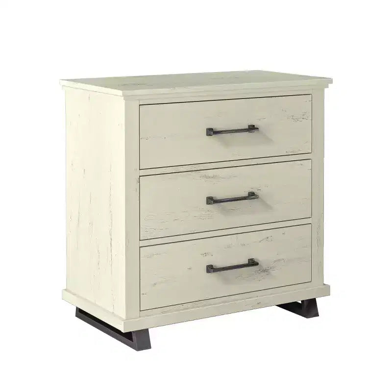 Festivo ensemble contemporain 3 pcs chiffonnier 5 tiroirs 24" et table de chevet 3 tiroirs blanc cassé scié : MDF, pieds métalliques, anti-basculement