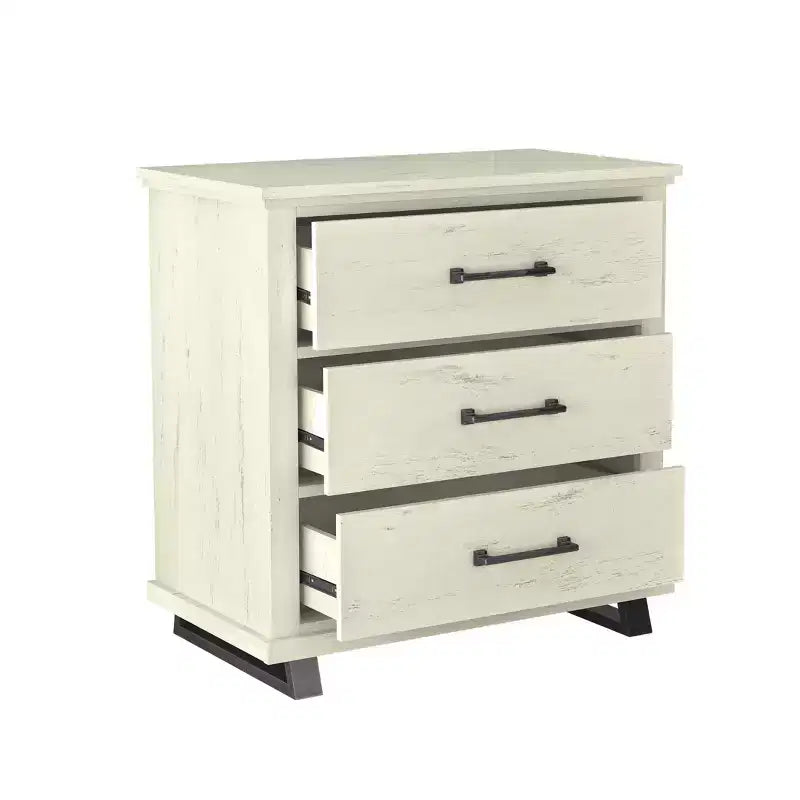 Festivo ensemble contemporain 3 pcs chiffonnier 5 tiroirs 24" et table de chevet 3 tiroirs blanc cassé scié : MDF, pieds métalliques, anti-basculement