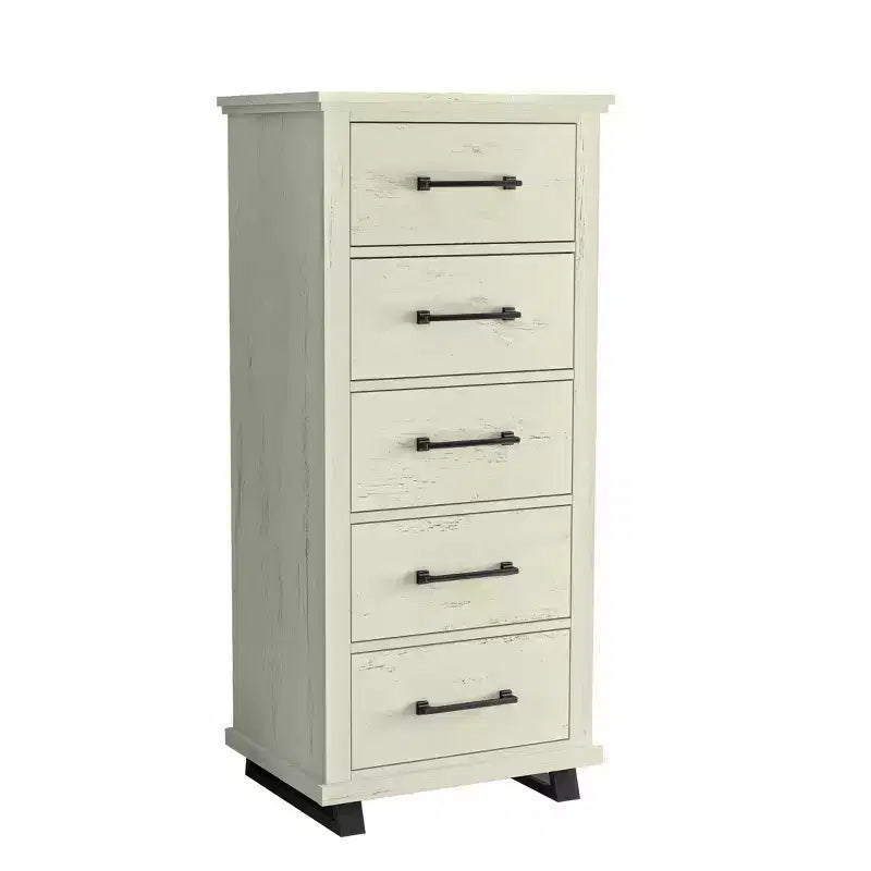 Festivo ensemble contemporain 3 pcs chiffonnier 5 tiroirs 24" et table de chevet 3 tiroirs blanc cassé scié : MDF, pieds métalliques, anti-basculement