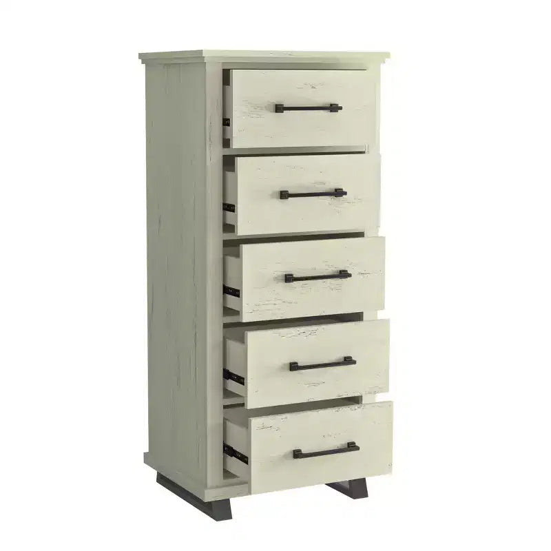 Festivo ensemble contemporain 3 pcs chiffonnier 5 tiroirs 24" et table de chevet 3 tiroirs blanc cassé scié : MDF, pieds métalliques, anti-basculement