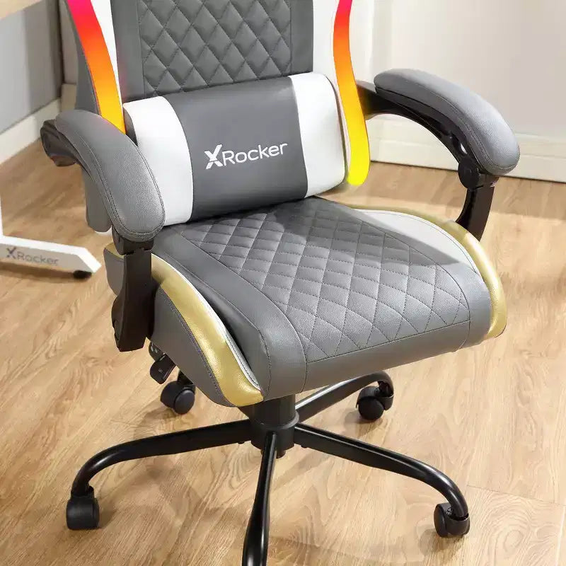 Chaise gaming PC ergonomique X Rocker RGB LED Extra Comfort, gris/blanc/or