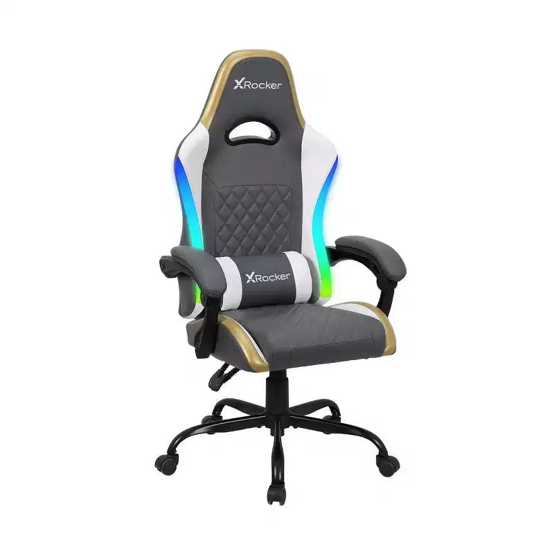 Chaise gaming PC ergonomique X Rocker RGB LED Extra Comfort, gris/blanc/or