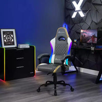 Chaise gaming PC ergonomique X Rocker RGB LED Extra Comfort, gris/blanc/or