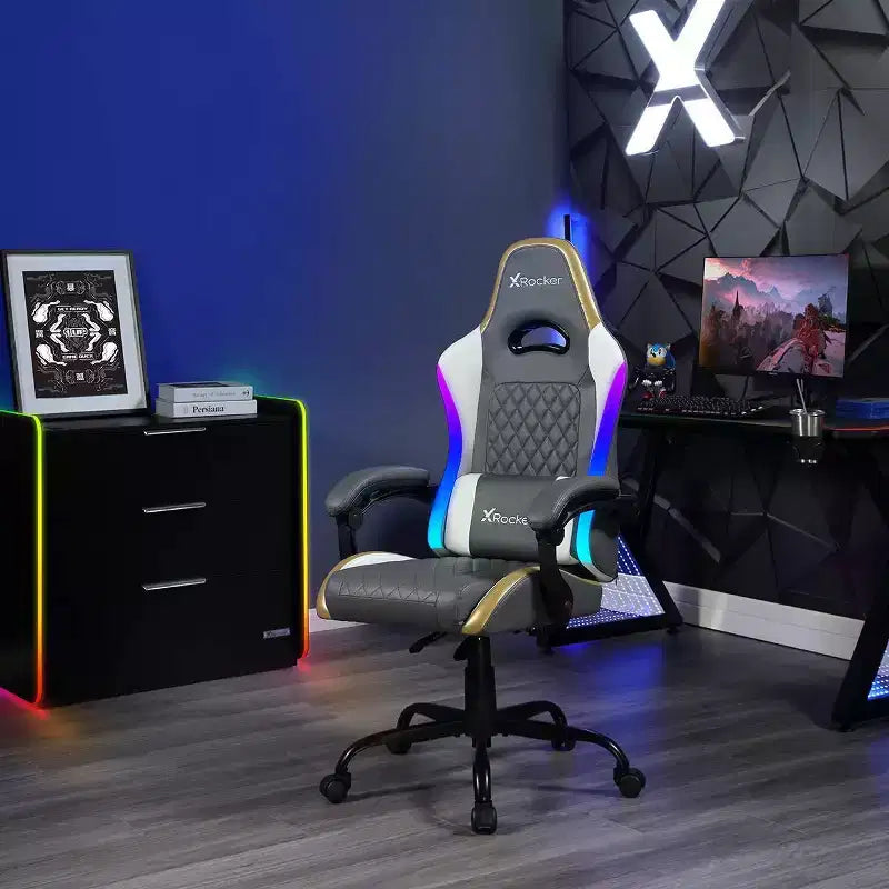 Chaise gaming PC ergonomique X Rocker RGB LED Extra Comfort, gris/blanc/or