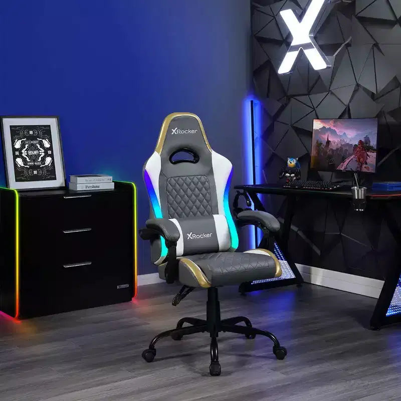 Chaise gaming PC ergonomique X Rocker RGB LED Extra Comfort, gris/blanc/or