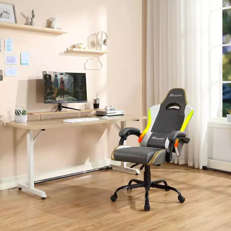 Chaise gaming PC ergonomique X Rocker RGB LED Extra Comfort, gris/blanc/or