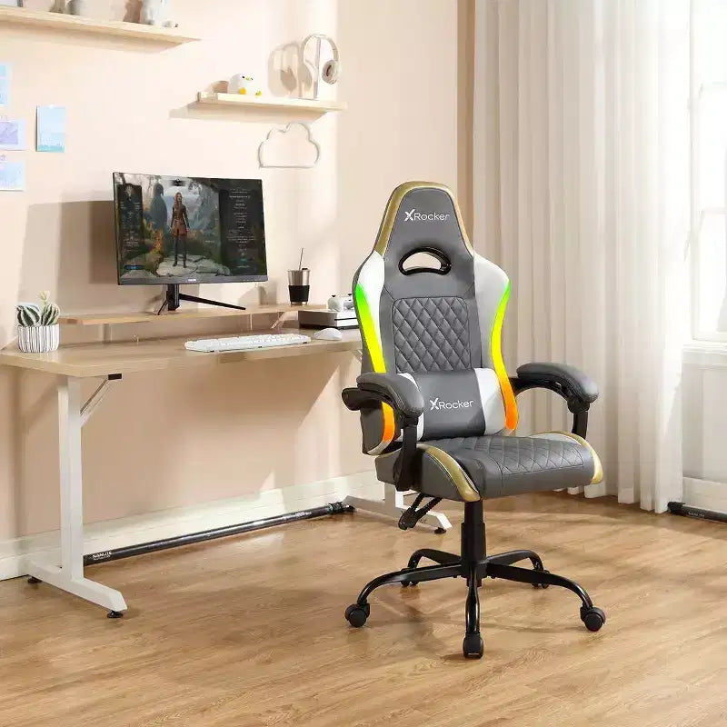 Chaise gaming PC ergonomique X Rocker RGB LED Extra Comfort, gris/blanc/or
