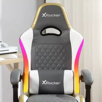 Chaise gaming PC ergonomique X Rocker RGB LED Extra Comfort, gris/blanc/or