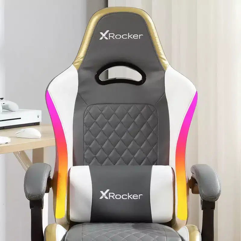 Chaise gaming PC ergonomique X Rocker RGB LED Extra Comfort, gris/blanc/or