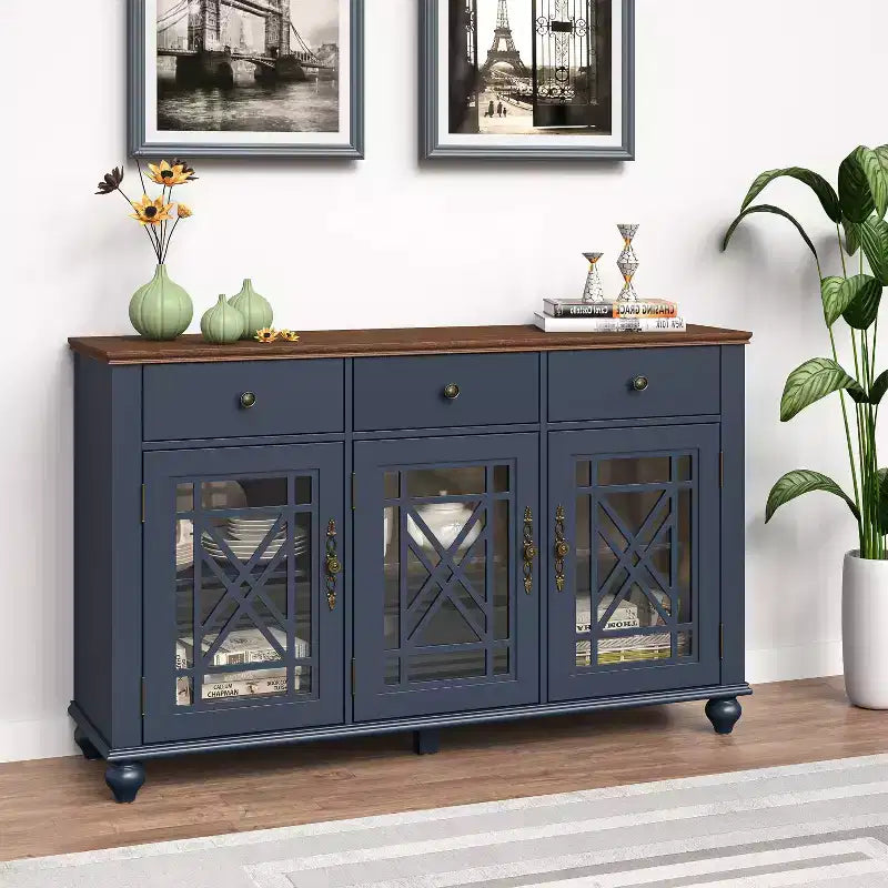 Festivo buffet desserte d'appoint de rangement style vintage 55" avec tiroirs bleu marine