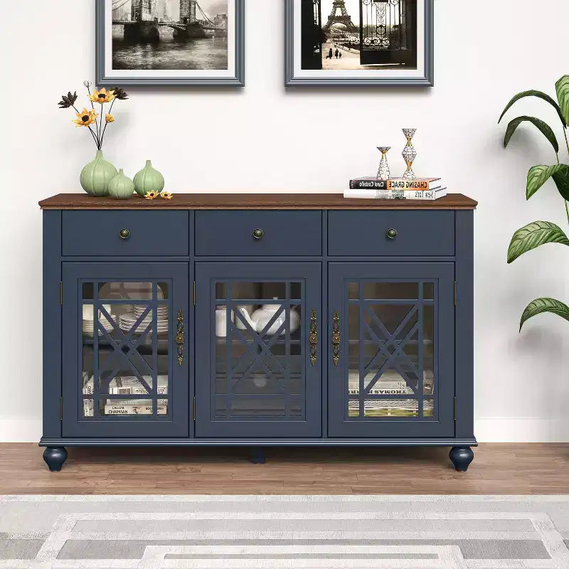 Festivo buffet desserte d'appoint de rangement style vintage 55" avec tiroirs bleu marine