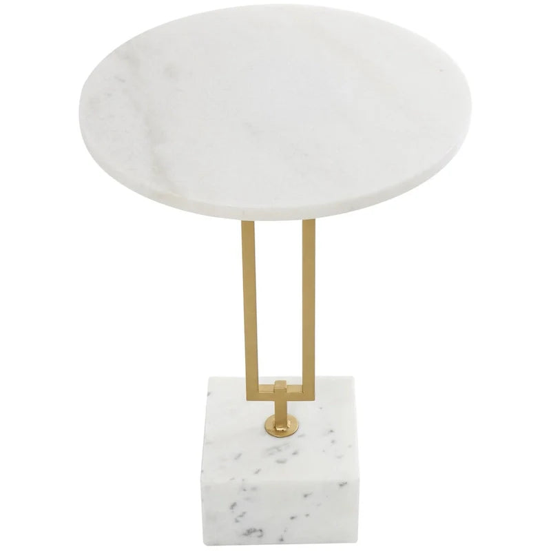 Table d'appoint géométrique en marbre avec support rectangulaire en métal doré - Blanc - Roche River Decor