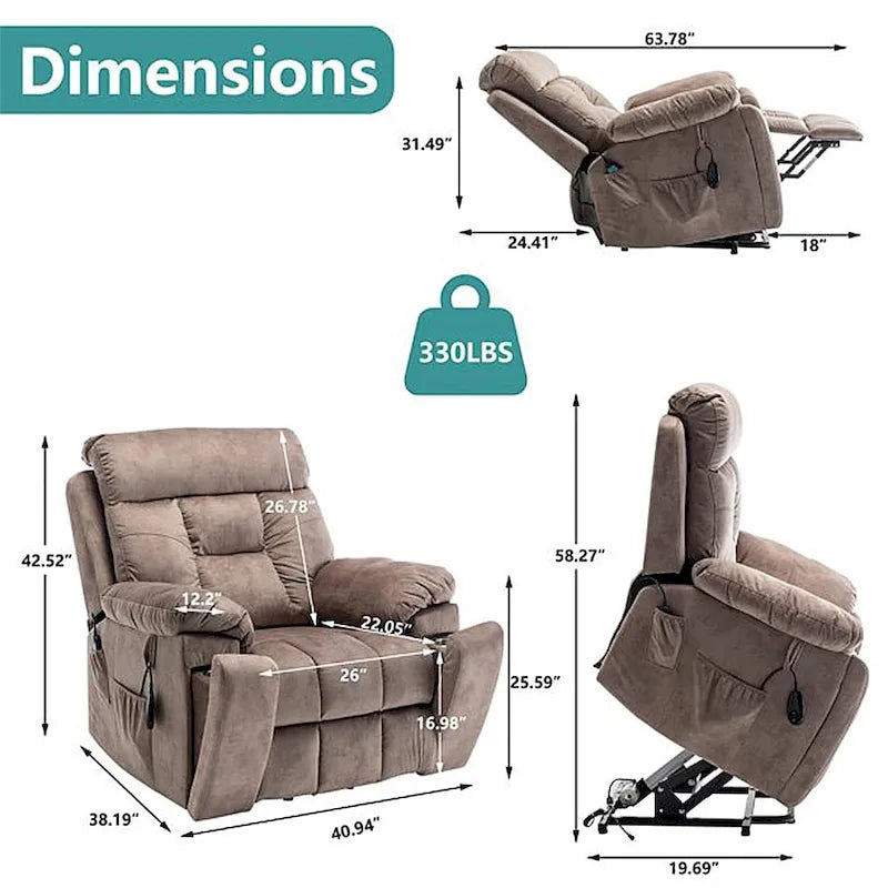 Grand fauteuil releveur massant électrique avec chauffage, porte-gobelet caché
