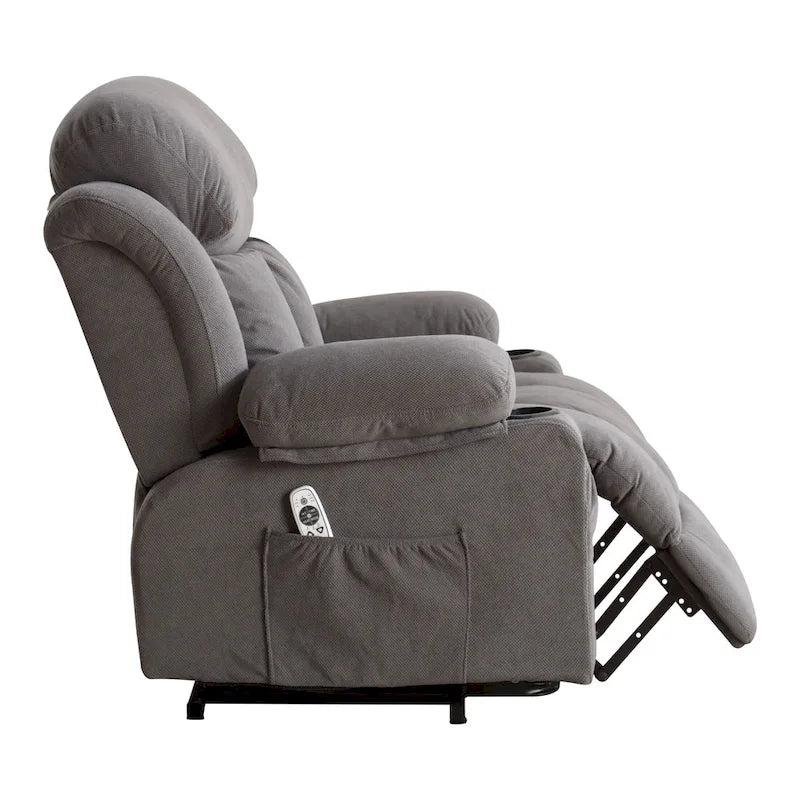 Fauteuil releveur électrique gris avec massage chauffant, charge USB, télécommande et poches latérales pratiques pour seniors