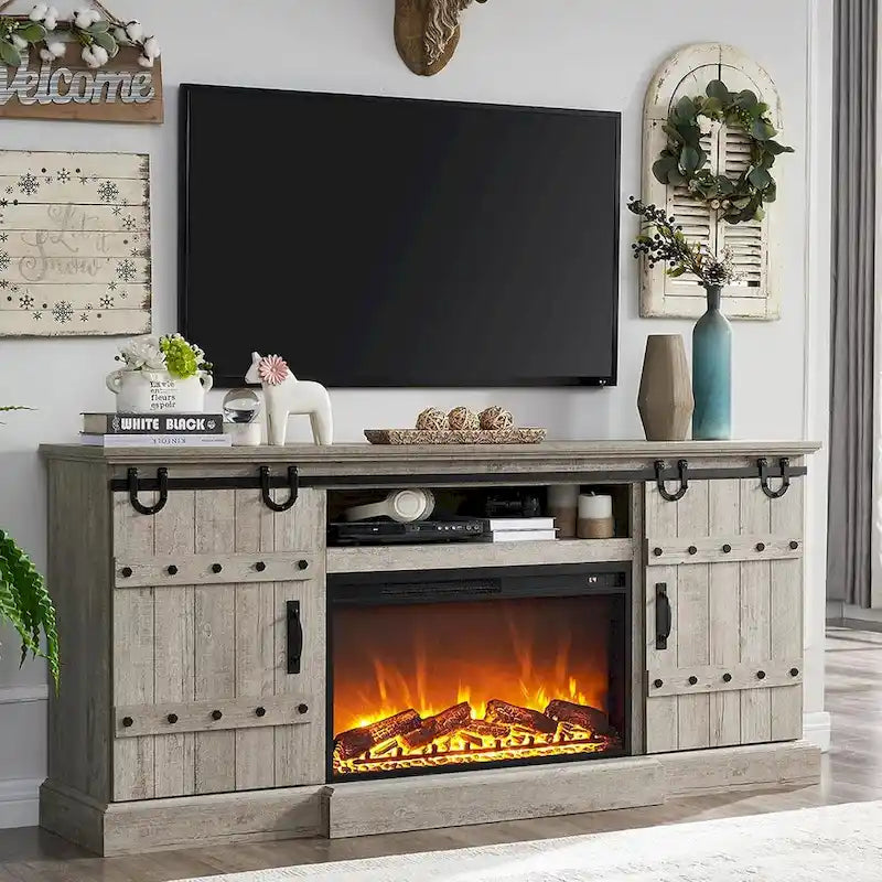 Meuble TV cheminée style ferme, meuble multimédia, console média