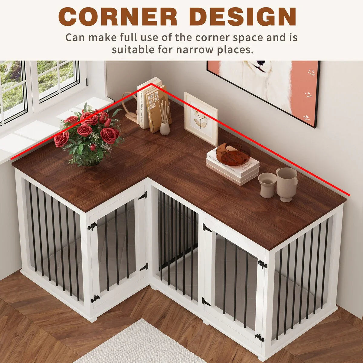 Grand meuble cage d'angle pour chien pour 2 chiens, cage pour chien en forme de L - 58.7X41.1