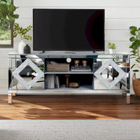 Meuble TV de 150 cm avec portes miroir en losange et rangement pour téléviseurs jusqu'à 65 pouces