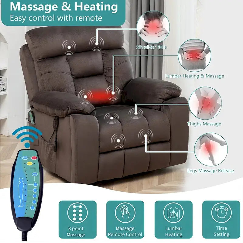 Grand fauteuil releveur massant électrique avec chauffage, porte-gobelet caché