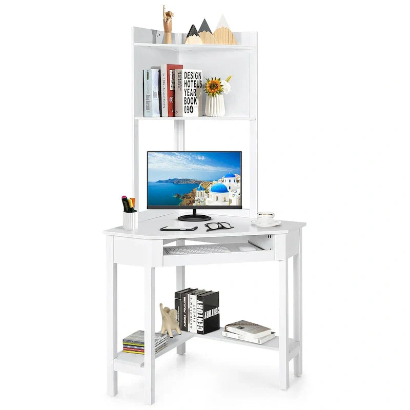 Bureau d'angle triangulaire avec étagère, bibliothèques et tablette pour clavier - Noir/Blanc