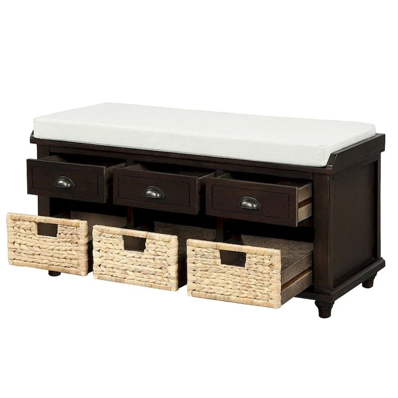 Banc de rangement rustique avec 3 tiroirs et 3 paniers en rotin, banc à chaussures pour salon et entrée