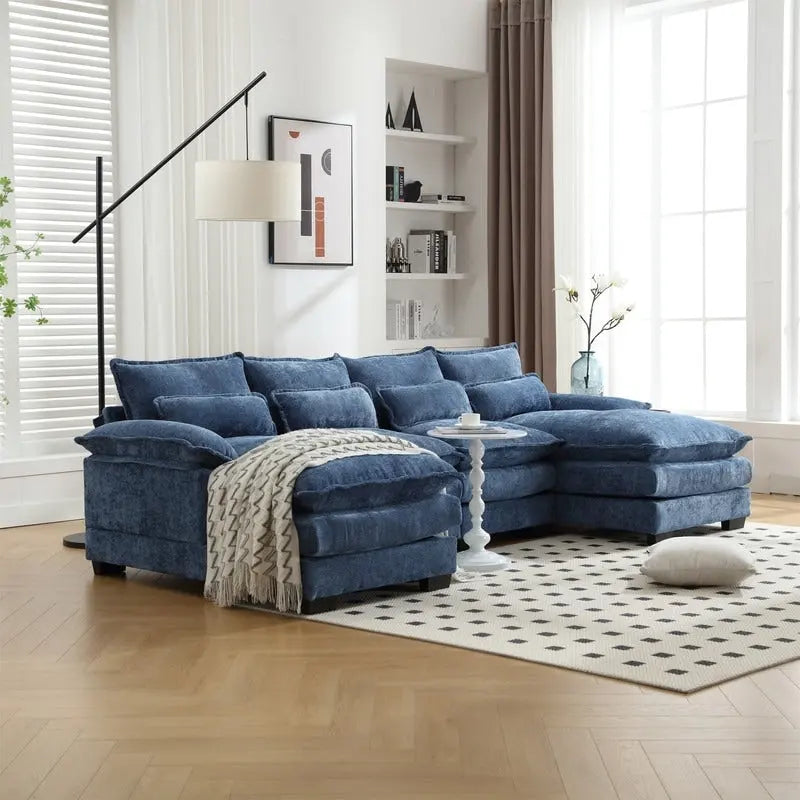 Canapé Sectionnel Canapé Nuage pour Salon, Canapé Moderne Forme U en Chenille/Bouclette, Canapé-Lit Modulable Confortable avec Double Méridienne
