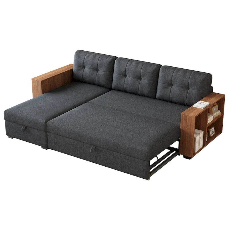 Canapé d'angle convertible avec lit escamotable et méridienne avec rangement caché