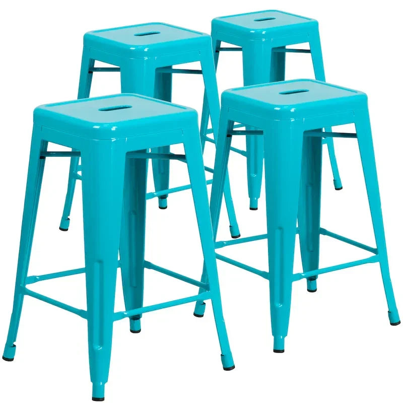 Lot de 4 tabourets hauteur comptoir d'intérieur-extérieur en métal sans dossier 24 H, avec assise carrée