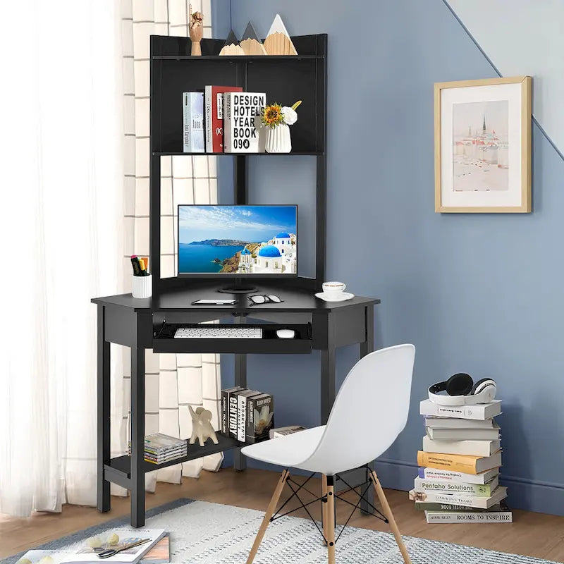 Bureau d'angle triangulaire avec étagère, bibliothèques et tablette pour clavier - Noir/Blanc