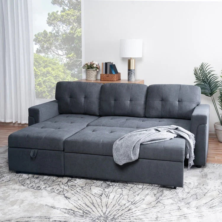 Canapé sectionnel convertible réversible avec lit escamotable, méridienne de rangement dissimulée et pieds durables