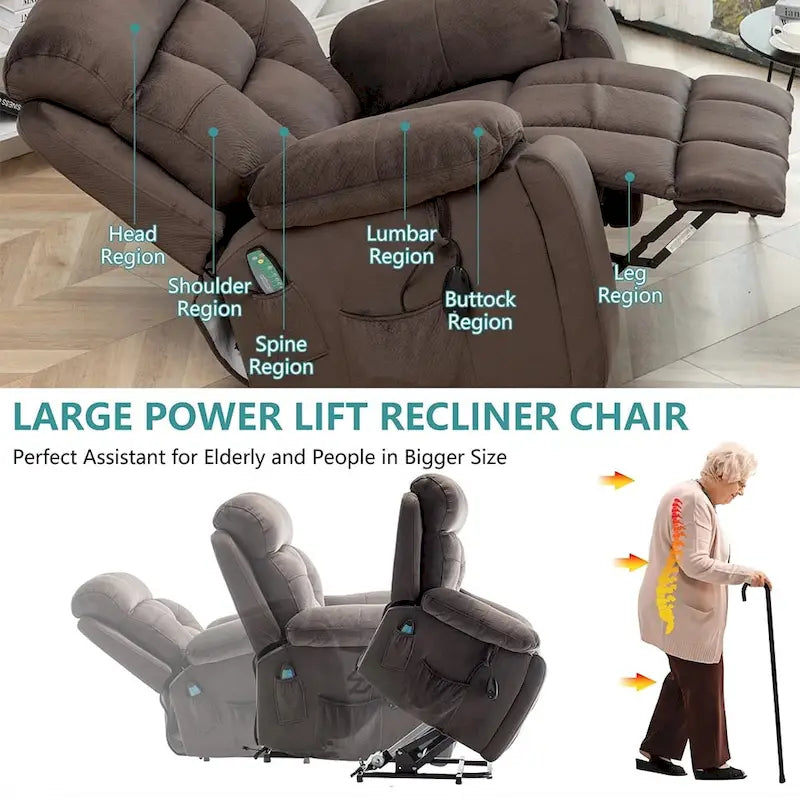 Grand fauteuil releveur massant électrique avec chauffage, porte-gobelet caché
