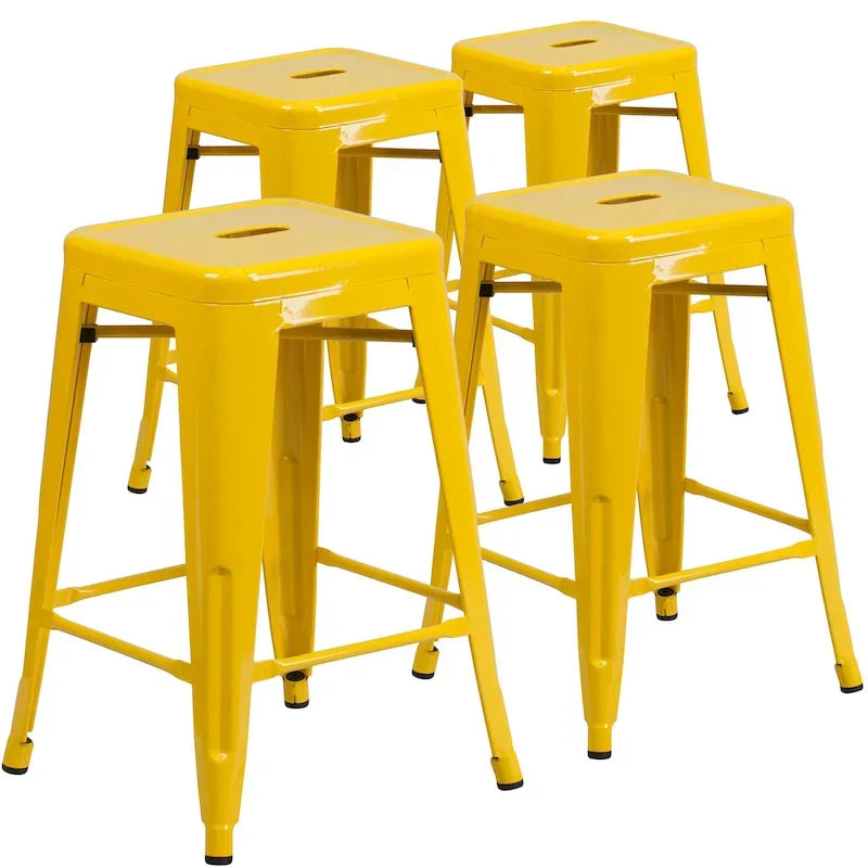Lot de 4 tabourets hauteur comptoir d'intérieur-extérieur en métal sans dossier 24 H, avec assise carrée