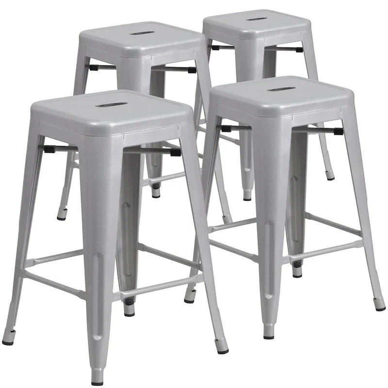 Lot de 4 tabourets hauteur comptoir d'intérieur-extérieur en métal sans dossier 24 H, avec assise carrée