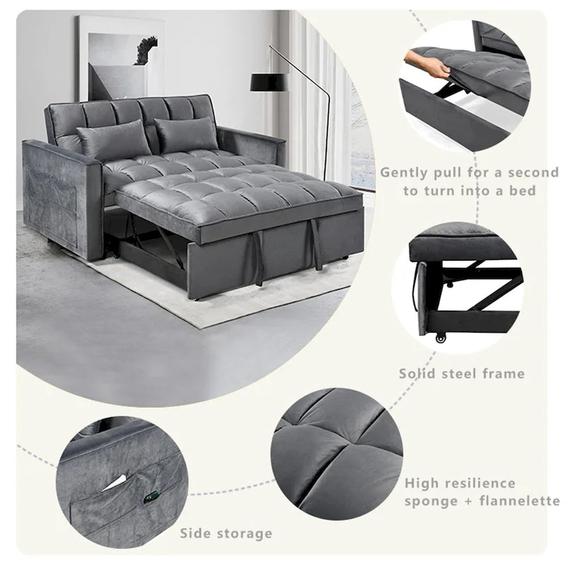 Causeuse de futon moderne en velours avec dossier inclinable et poches, 2 places – Gris foncé / Gris clair / Bleu / Noir