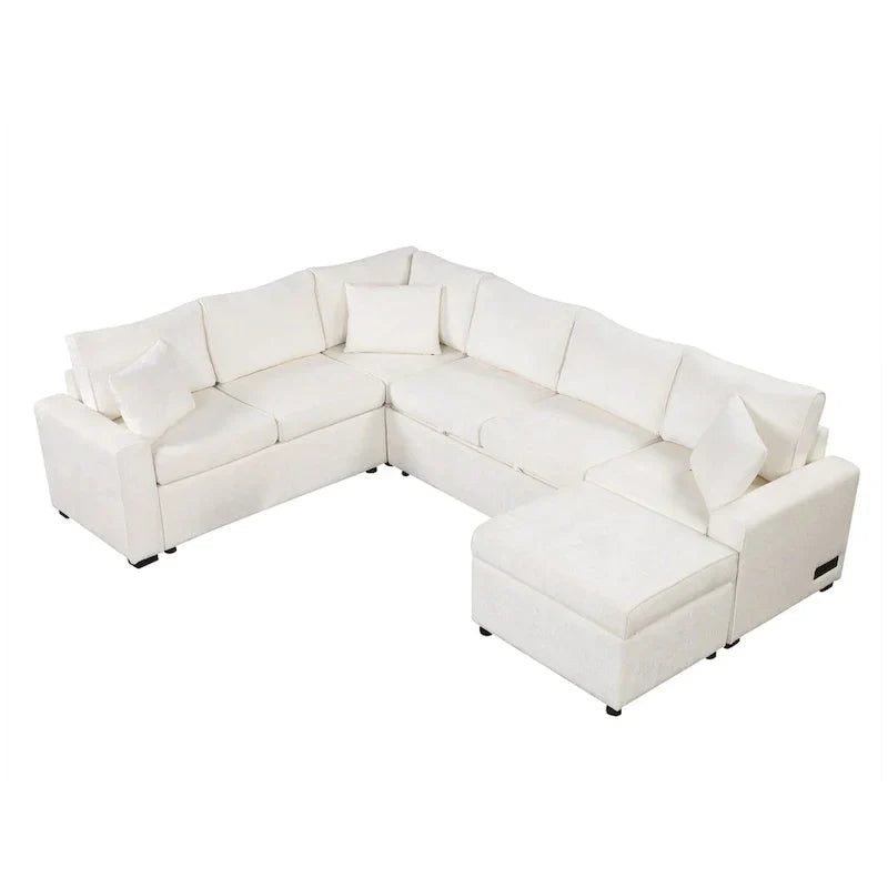 Canapé sectionnel en chenille avec canapé-lit escamotable, canapé-lit en forme de L avec ottoman de rangement, 3 coussins et prises de charge