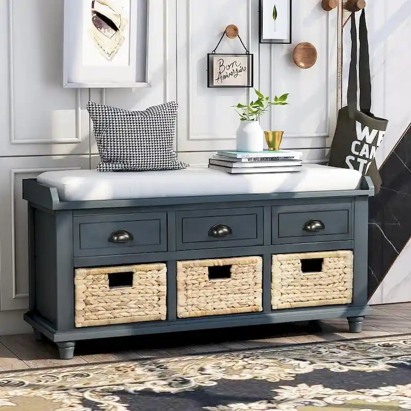 Banc de rangement rustique avec 3 tiroirs et 3 paniers en rotin, banc à chaussures pour salon et entrée
