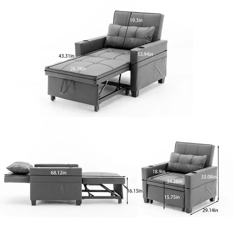 Chaise futon convertible 3-en-1, chaises-lits escamotables avec ports USB