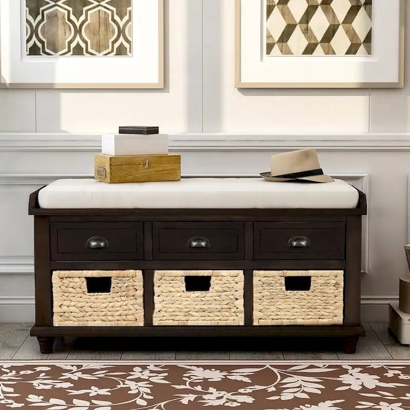 Banc de rangement rustique avec 3 tiroirs et 3 paniers en rotin, banc à chaussures pour salon et entrée