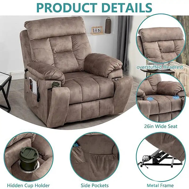Grand fauteuil releveur massant électrique avec chauffage, porte-gobelet caché