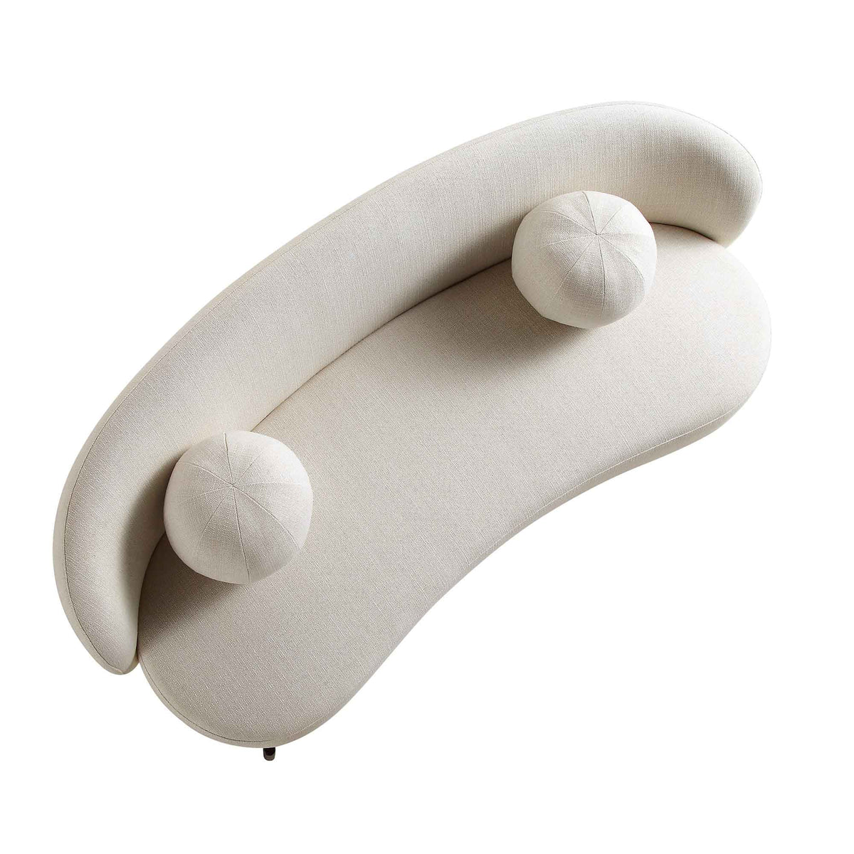 Canapé incurvé 3 places avec coussins boule, mélange de lin beige