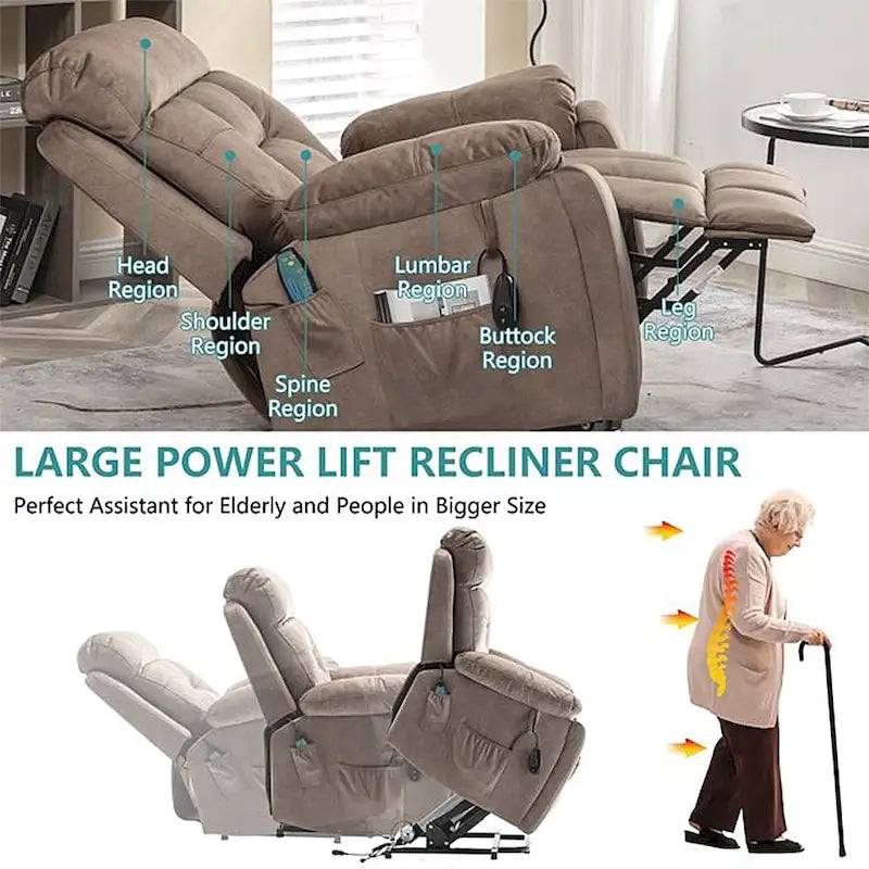 Grand fauteuil releveur massant électrique avec chauffage, porte-gobelet caché