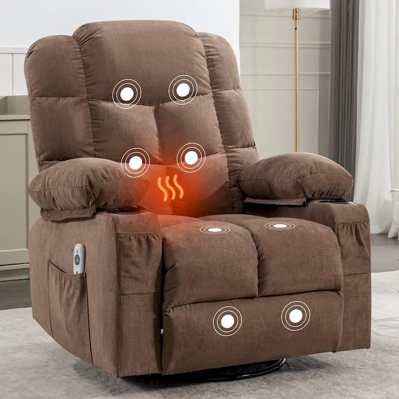 Fauteuil inclinable surdimensionné gris avec chauffage et massage, inclinaison 150, bascule 30, charge USB et 2 porte-gobelets