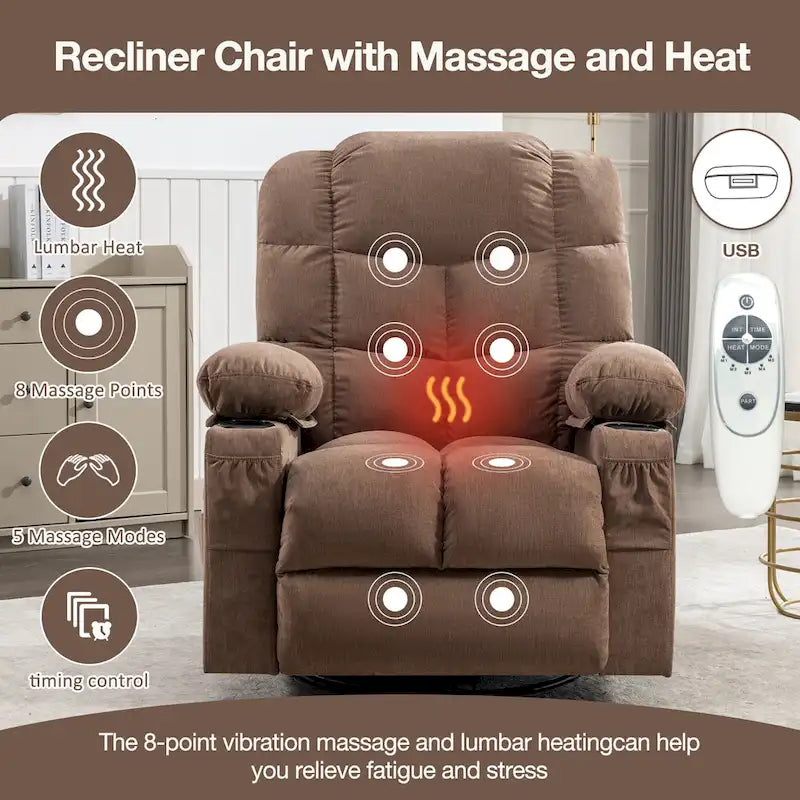 Fauteuil inclinable surdimensionné gris avec chauffage et massage, inclinaison 150, bascule 30, charge USB et 2 porte-gobelets