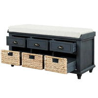 Banc de rangement rustique avec 3 tiroirs et 3 paniers en rotin, banc à chaussures pour salon et entrée
