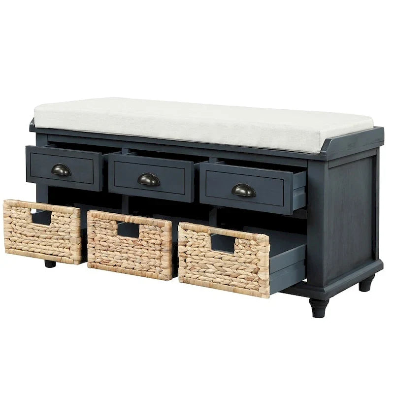 Banc de rangement rustique avec 3 tiroirs et 3 paniers en rotin, banc à chaussures pour salon et entrée