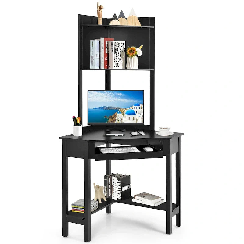 Bureau d'angle triangulaire avec étagère, bibliothèques et tablette pour clavier - Noir/Blanc