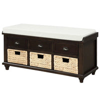 Banc de rangement rustique avec 3 tiroirs et 3 paniers en rotin, banc à chaussures pour salon et entrée
