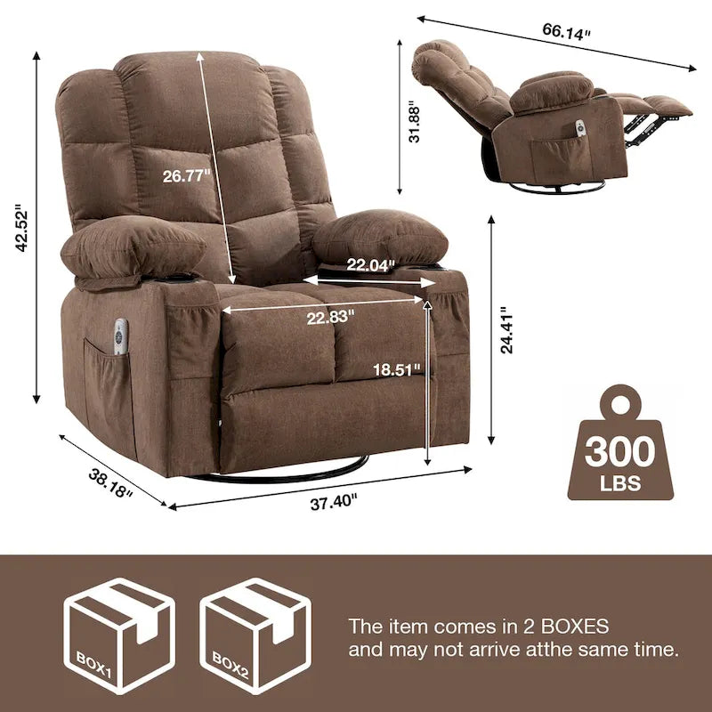 Fauteuil inclinable surdimensionné gris avec chauffage et massage, inclinaison 150, bascule 30, charge USB et 2 porte-gobelets