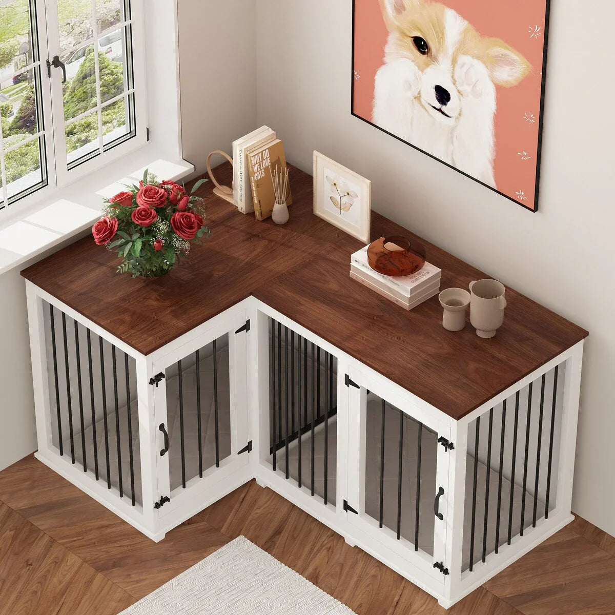 Grand meuble cage d'angle pour chien pour 2 chiens, cage pour chien en forme de L - 58.7X41.1